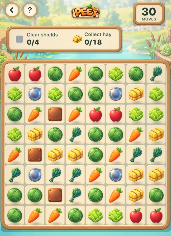 Two Boosters, in Lettuce Lagoon: a full board of crops with shielded tiles scattered through it, and the goals Clear shields 0 of 4 and Collect hay 0 of 18 in thirty moves