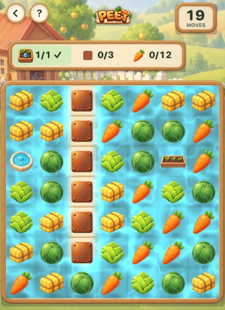 Rust in the Ditch, in Meadow Pantry: water from the spring already flooding the channel the matches opened, a column of rust patches still to clear, and the goals Water beds done, Clear rust 0 of 3 and Collect carrots 0 of 12, with nineteen moves left