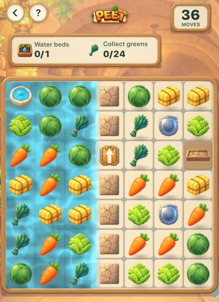 Ferrox at the Cellar Door, in Cabbage Cellar: the spring top left, a dry bed on the far right, and a column of cracked clay with a sluice gate between them, with the goals Water beds 0 of 1 and Collect greens 0 of 24 in thirty-six moves