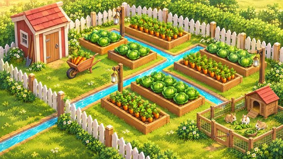 The same view restored: the shed rebuilt, every bed planted with cabbages and carrots, and rabbits back in the pen
